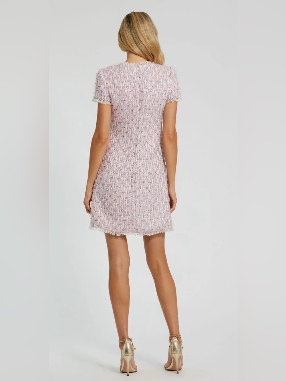 MAC DUGGAL Short Sleeve Semi-Formal Tweed Shift Dress #20805 Pink Multi Sz: S - Picture 2 of 11